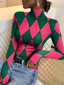 2024 New Spring/Autumn Women Printed Long Sleeve T-Shirt, Slim Fit Mock Neck Casual Undershirt - Hot Pink - View 1