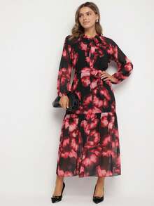 Casual Long Sleeve Floral Boxy Dress With Belt For Women