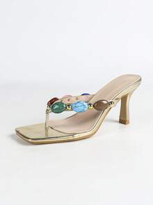 Sandales à talons hauts femme avec décoration de faux gemmes et style métallique, bout carré. , confortables, élégantes, haut de gamme. Conviennent pour les soirées formelles, les tenues décontractées. Talons hauts dorés, pour les tenues de printemps et d'été - Doré - Voir 7