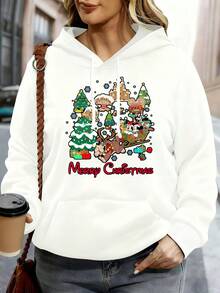 Disney Women Hoodie White Mickey Mouse Christmas Tree Reindeer Santa Claus Merry Christmas Print Casual Holiday Outfit - 白色 - 查看 1