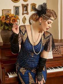 5件套1920年代复古女郎风格女士服装配饰套装，包括羽毛发箍、复古珍珠项链、手套、水钻耳环和派对头饰，适合女性佩戴。 - HD6001 黑金 - 查看 3