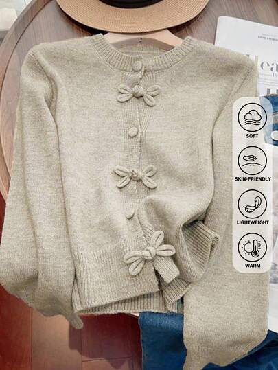 JIANHU Spring Bowknot Knit Cardigan, Cropped Design For Petite Fit, Elegant And Versatile For A Stylish Look