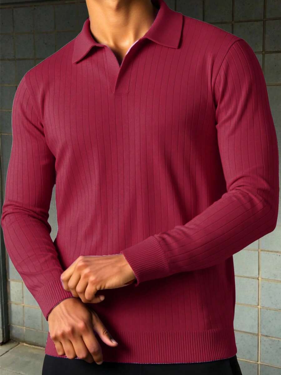Polo para hombre de manga larga, ideal para otoño e invierno. Con diseño acanalado de líneas verticales, tejido suave y cómodo, cuello clásico y ajuste moderno. Perfecto para combinar con jeans y pantalones casuales, ofrece un estilo elegante y versátil para reuniones, trabajo o salidas cotidianas, brindando sofisticación y confort en todo momento. - Rojo ladrillo - Ver 1
