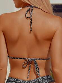 wohenmeili Women's Summer Beach Full Print Halter Tie Sexy Bikini Swimsuit Set - Black Background With White Dots - View 5