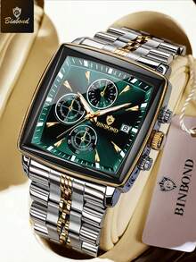 BINBOND B911 Luxury Square Sport Man Wristwatch Waterproof Luminous Chronograph Quartz Men's Watches Stainless Steel Men Watch - Green - View 2