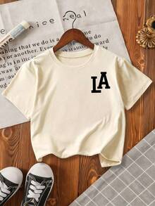 男童标语印花圆领短袖休闲T恤 - 杏色 - 查看 2