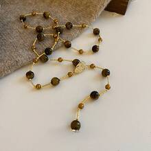 Retro Caramel Tiger's Eye Beaded Long Sweater Chain, Luxury High-End Elegant High-Grade Autumn And Winter Accessory Necklace For Women - 咖色 - 查看 4