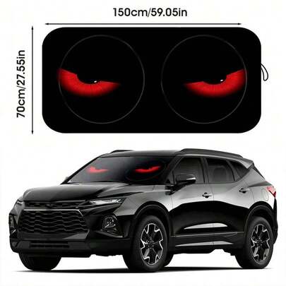 Easypie Selection 1pc Stylish Red Eyes Car Sun Shade - UV Ray Blocking, Foldable Windshield Protector With 4 Free Suction Cups, TPU Material, Perfect For SUVs & Cars, Beach Seaside Scenery Design