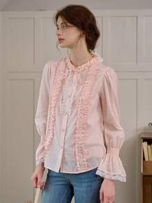 Simple Retro Camisa casual versátil de uso diario con cuello de corbata y pliegues para mujer - Rosa - Ver 6