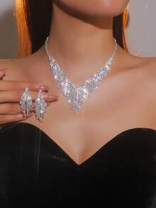 Supra Diamanto Gorgeous-Luxury Shining Bling Crystal Rhinestone Necklace Earrings Set Wedding Party Jewelry 3 In 1 - Silver - View 11