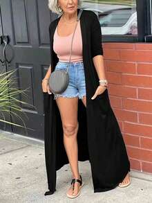 EARO Plus Size Women Casual Solid Color Dual Pocket Long Lightweight Open Front Jacket, Comfortable Daily Versatile Windbreaker Coat, Spring/Autumn - Black - View 9