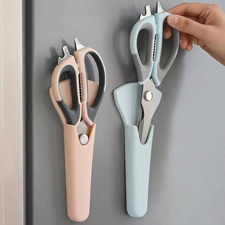 7-In-1 Multifunctional Kitchen Scissors With Magnetic Stand - Detachable Stainless Steel Food Scissors For Meat, Fish, And Poultry, Ergonomic Handle, Pink And Light Blue, Portable Storage Design - 黑色-1個 - 查看 1