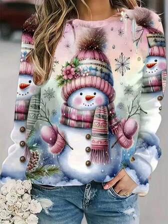 大码女式圣诞印花长袖运动衫