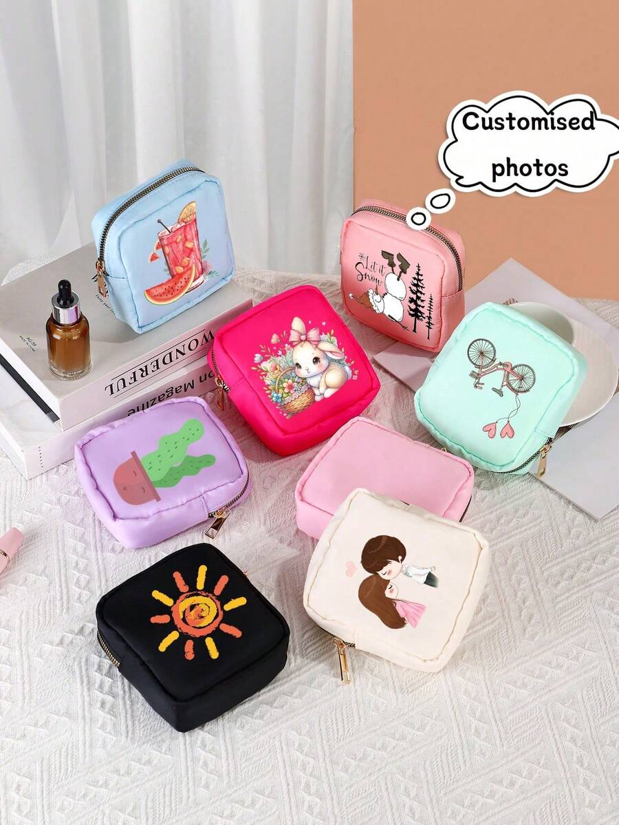 1 件个性化图像定制迷你可爱休闲便携式迷你包小众耳机零钱包轻质尼龙多功能拉链化妆包礼品，波西米亚风 - 彩色 - 查看 1