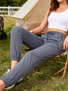 Women's Grey Drawstring Casual Pants, Comfortable Fabric For Outdoor, Camping, And Daily Wear