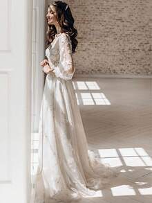 Romantic Boho Deep V 3D Floral Illusion Lace Long Sleeve Wedding Dress, Tulle Bridal Gown, Wedding Dresses For Bride, Elegant And Comfortable, Suitable For Wedding, Party, Vacation, Bride, Formal Occasions, Dinner Dress, Prom Dress, After-Party Dress, Homecoming Dress, Cocktail Party, Birthday Party, Ceremony - Blanco - Ver 2