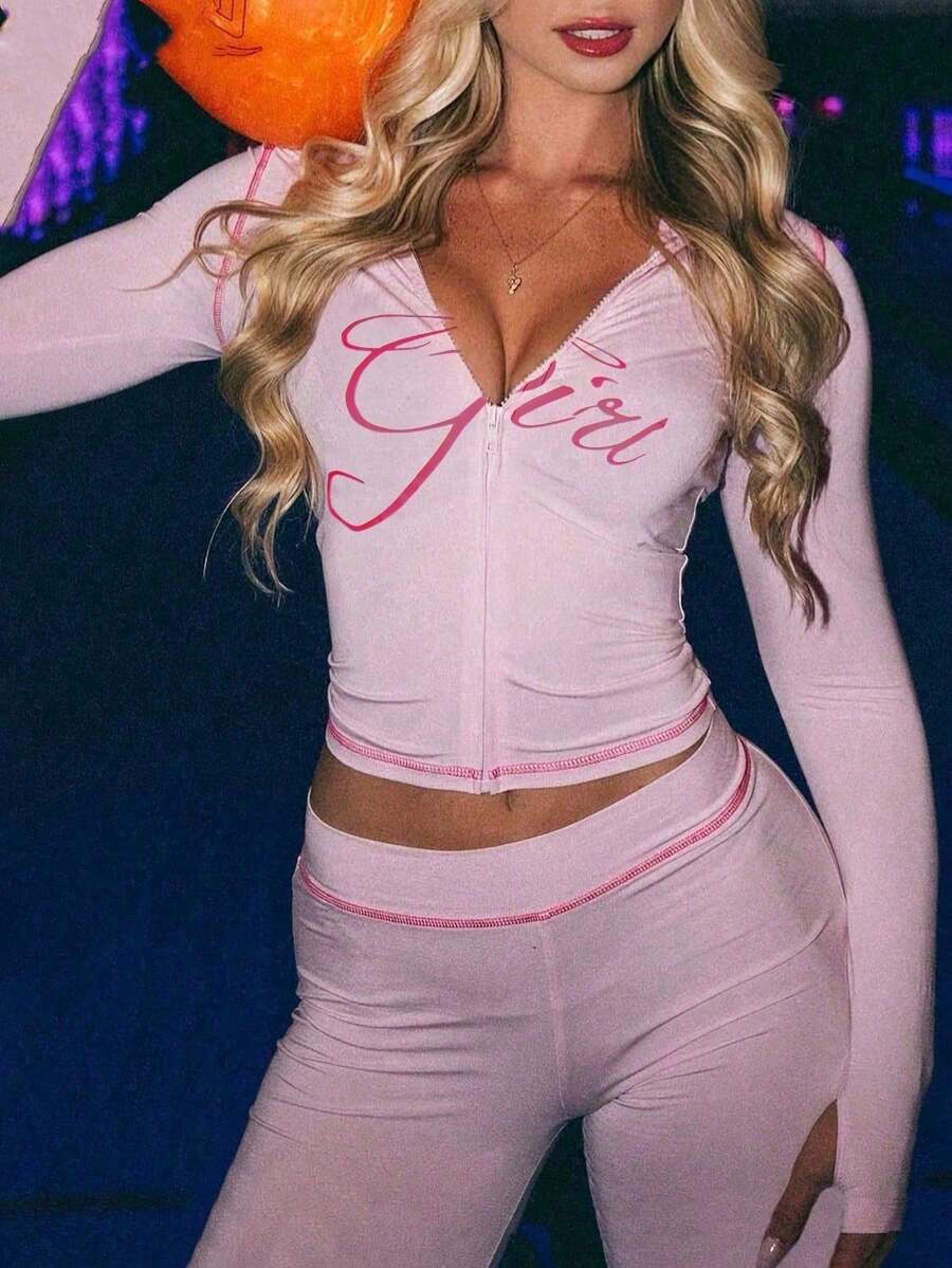 FQLWL 女士休闲街头风运动套装，印花拉链连帽衫和长裤套装，长袖两件套 - 粉色 - 查看 1