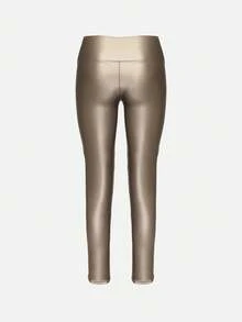 Quần legging da PU cạp cao bằng vải nỉ - Bạc - Xem 7