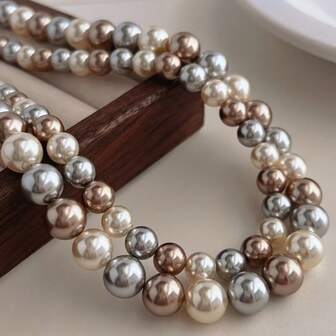 Collar de perlas falsas de color caramelo de 8 mm - Collar bohemio vintage de 17,32 pulgadas para mujeres, regalo del Día de la Madre, versátil para uso diario y fiestas, diseño elegante para todas las estaciones, collar largo para mujeres, collar de oreja, joyería para mujeres