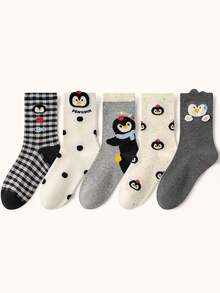 5 Pairs Women's Cute Cartoon Penguin Patterned Breathable Mid-Calf Socks, Fashion & Comfy