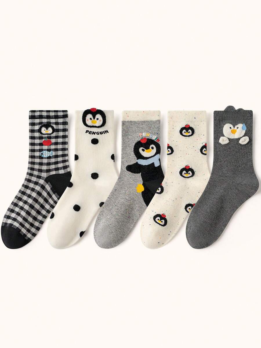 5 Pairs Women's Cute Cartoon Penguin Patterned Breathable Mid-Calf Socks, Fashion & Comfy