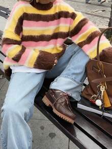 2025秋冬新款时尚小众圆领撞色条纹休闲长袖女式毛衣，羊毛材质 - 淺粉色 - 查看 4