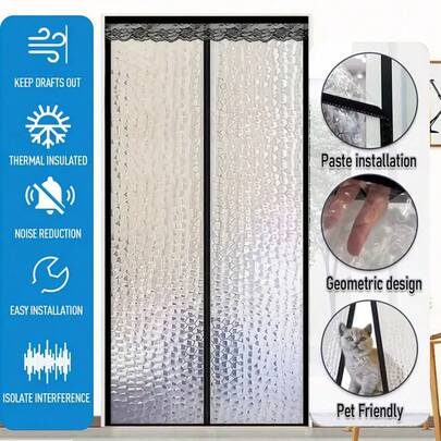 AIYYIPA 1件装磁性门帘，宠物友好，安装简便，EVA材质，半透明白色条形设计。几何图案，降噪细节，隔热保温，适合家庭使用，四季皆宜，尤其适合有宠物的家庭。