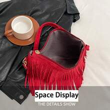 Bolso de hombro con borlas para mujer, elegante bolso cruzado de PU con correa desmontable para viajes y compras. - Rojo - Ver 6