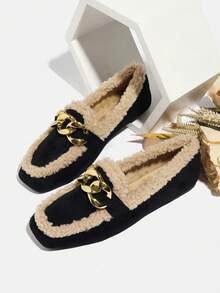 Giày lười nữ cổ điển, mũi vuông màu đen, thiết kế khoen kim loại, giày lười đa năng mới, thoải mái và ấm áp cho mùa đông - màu đen - Xem 10