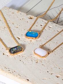 1pc Fashionable Candy-Colored Natural Stone Rectangle-Shaped Simple Short Necklace, Daily Wear - Gold - View 5