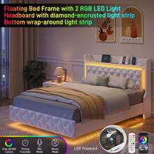 Floating Queen Bed Frame With LED Light, Upholstered Platform Queen Bed With Charging Station & Wingback, Diamond Tufted Storage Headboard & Footboard, PU Leather, No Box Spring Needed - Xem 3