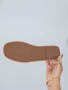 天然亚麻绳底水钻装饰手工舒适女式拖鞋 - 白色 - 查看 1