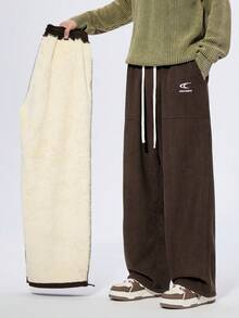 Plus Size Straight Leg Casual Pants, Corduroy Thermal Lined Thick Casual Trousers, Suitable For Autumn/Winter - Coffee Brown - View 2