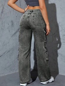 Plus Size Women's Y2K Streetwear Multi-Pocket Straight Leg Cargo Jeans Casual Spring - Light Grey - View 2