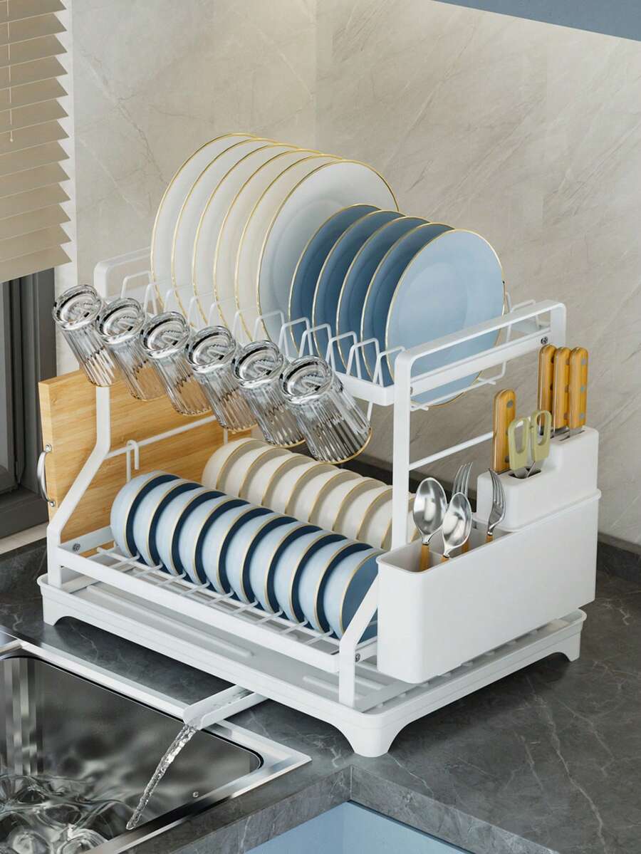 1个双层碗碟沥水架，厨房大号双层不锈钢碗碟架，可折叠防锈碗碟架，黑色 - 彩色 - 查看 1