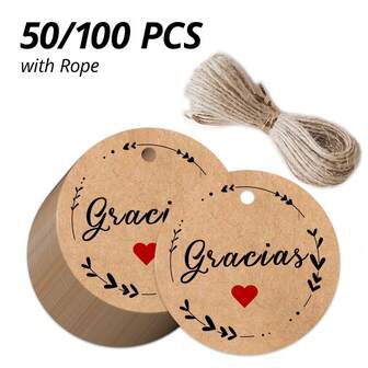 50/100pcs Spanish Kraft Paper Thank You Cards With Strings, Kraft Paper Round Thank You Labels With "Gracias" Text, 5x5cm/2x2in Kraft Paper Cards, Suitable For Online Stores, Personal Shops, Weddings, Baby Showers, Gift Wrapping, Birthday Parties