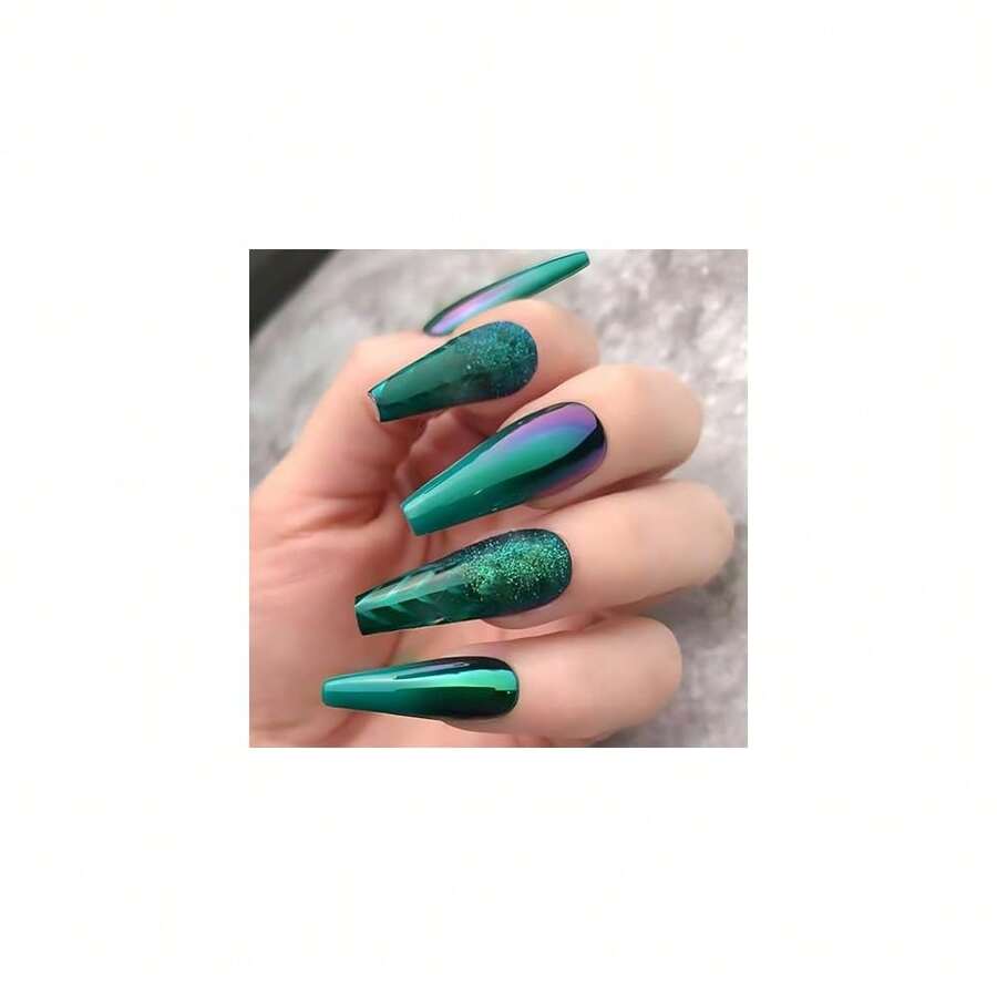 Xl Green Press On Nails St Patricks Long Coffin Nails Press Ons Spring Green Chromeses Designs False Nails Full Cover Acrylic Press Ons Gift For Womens 24pcs{Inchcolor_nameinch:InchGreen-002inch} - 綠色-002 - 查看 1