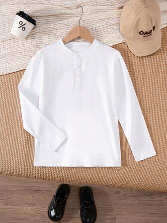 Boys' Classic Simple Solid White Long Sleeve Stand Collar Polo Shirt, Suitable For Casual, Holiday Wear, Can Be Paired With Various Jackets