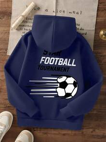 1件青少年男童休闲印花套头卫衣，保暖内衬，长袖，秋冬季 - 藏蓝色 - 查看 3