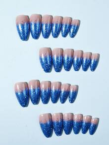 24 piezas/set Uñas postizas largas de almendra con diseño degradado de brillo azul, incluye 1 pieza de pegamento de gelatina y 1 pieza de lima de uñas. Las uñas de brillo azul y las uñas con puntas francesas harán que tus dedos brillen y se vean hermosos, muy adecuadas para fiestas, baile y uso diario