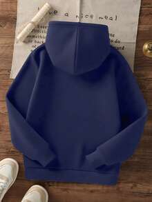 1pc Tween Girl Casual Printed Pullover Sweatshirt, Thermal Lined, Long Sleeve, Autumn/Winter Student Clothing - Navy Blue - View 3