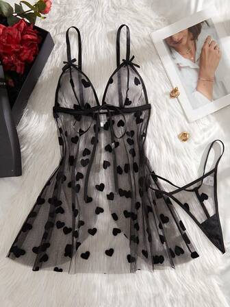 2件套女士性感花卉网纱睡袍套装，前系蝴蝶结装饰内衣套装