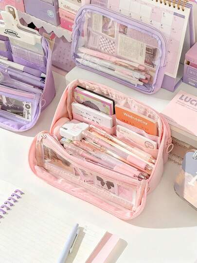 1pc Stationery Bag, Stationery Storage Pen Case, Multi-Color Pencil Case, DIY Large-Capacity Storage Bag, For Office, School Students, Back-To-School Gifts,Back To School,School Supplies