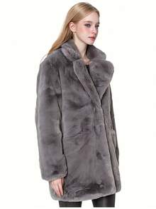 FHILLINUO 女士灰色仿毛皮外套，长袖翻领，及大腿长度，带口袋，无弹力面料，冬季保暖，适合圣诞节、新年及其他场合。 - 灰色 - 查看 5