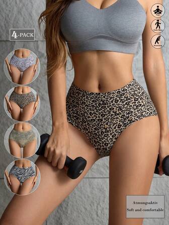 Juego de 4 piezas de ropa interior femenina cómoda, sin costuras, de seda de hielo con cintura alta, estampado de leopardo y cebra, adecuada para deportes, casual, ejercicio y fitness, transpirable