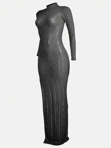 Heat-Melting Rhinestone Detail Split Thigh Sheer Dress