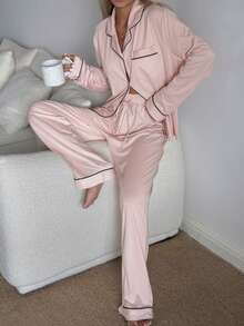 Nina Bonheur 2pcs Women Notched Collar Long Sleeve Pajama Set - Comfortable Casual Sleepwear & Loungewear - Pink - View 4