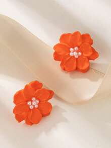 1对简约百搭夸张山茶花耳环，清新优雅的3D花朵珍珠耳钉，女士款 - 橘色 - 查看 3