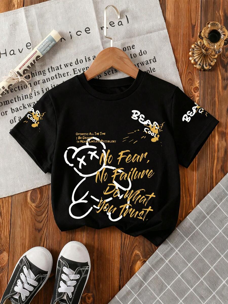 小男孩卡通熊图案圆领短袖休闲T恤 - 黑色 - 查看 1