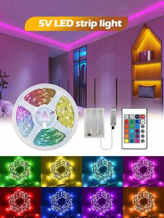 5V RGB LED Strip, Powered By A Battery Box, Comes With A 24-Key Infrared Controller. Can Be Cut, Has Self-Adhesive Backing, Suitable For Parties, Bedrooms, Living Rooms, And Other Decorations.(Battery Not Included).